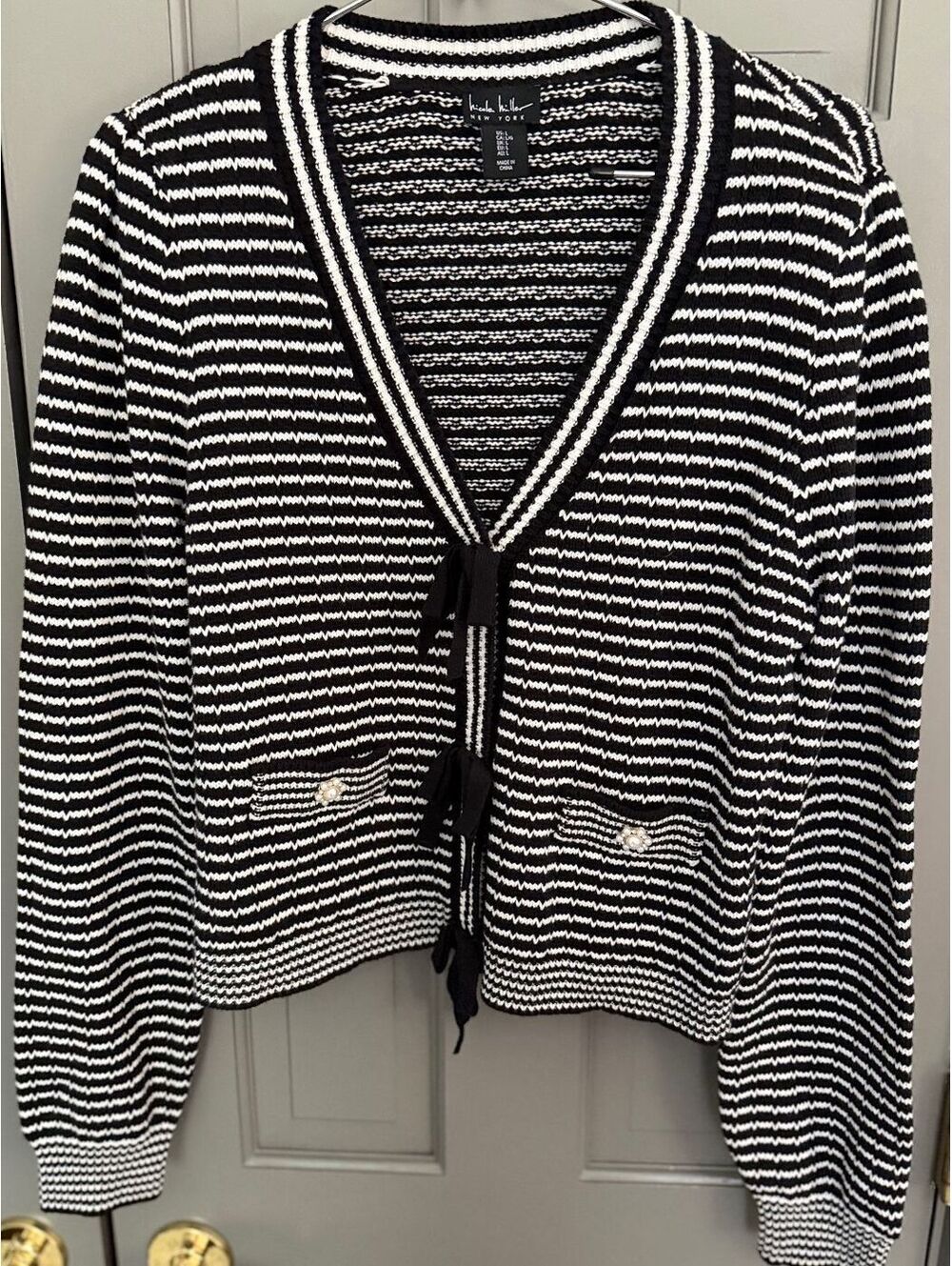 Nicole MillerWomen's Black/White Striped Bow Accent Cardigan Sweater Sz L